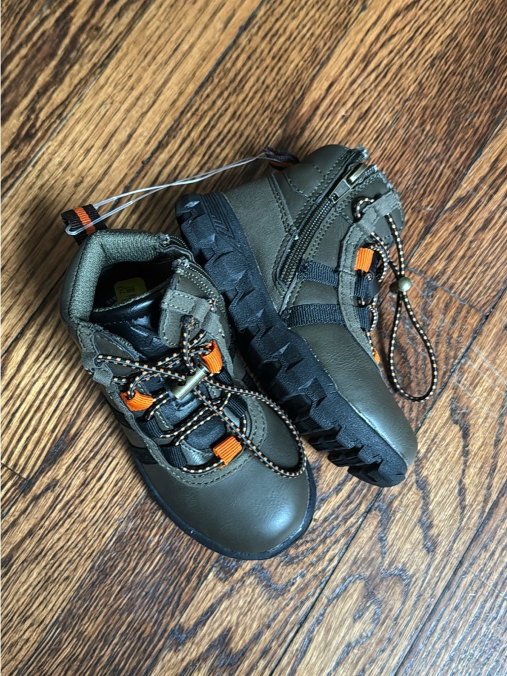 Kids Olive Green Outdoor Hiking Shoes with Orange Accents